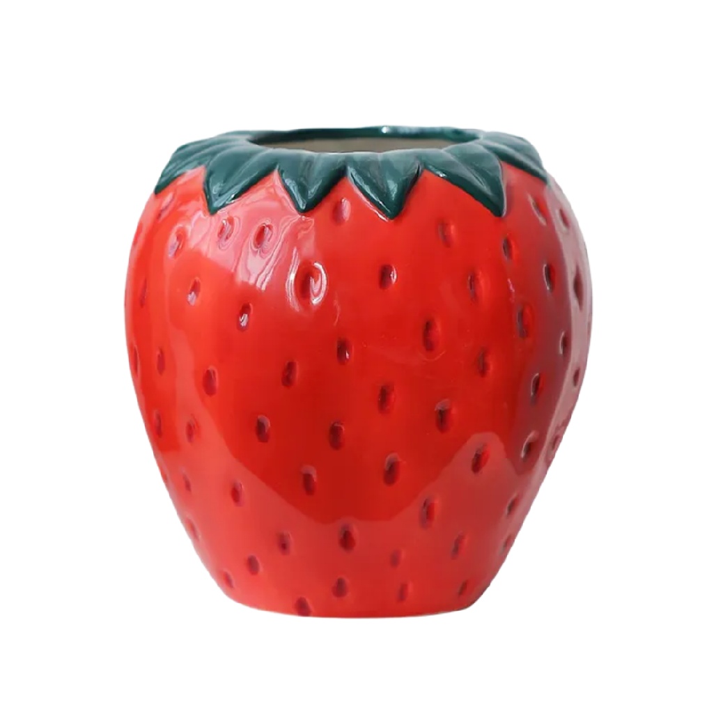 Vase Ludique en Céramique Émaillée - Design Fraise Rouge-woodanza