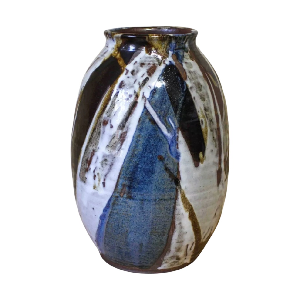 Vase Artisanal en Grès Émaillé - Motifs Abstraits Bleus et Bruns-woodanza