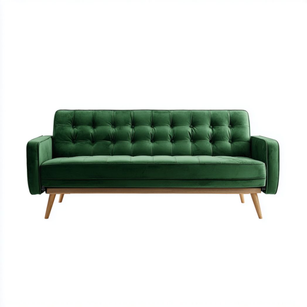 Canapé-lit 3 places en velours vert structure et pieds en bois-Lectus Furniture