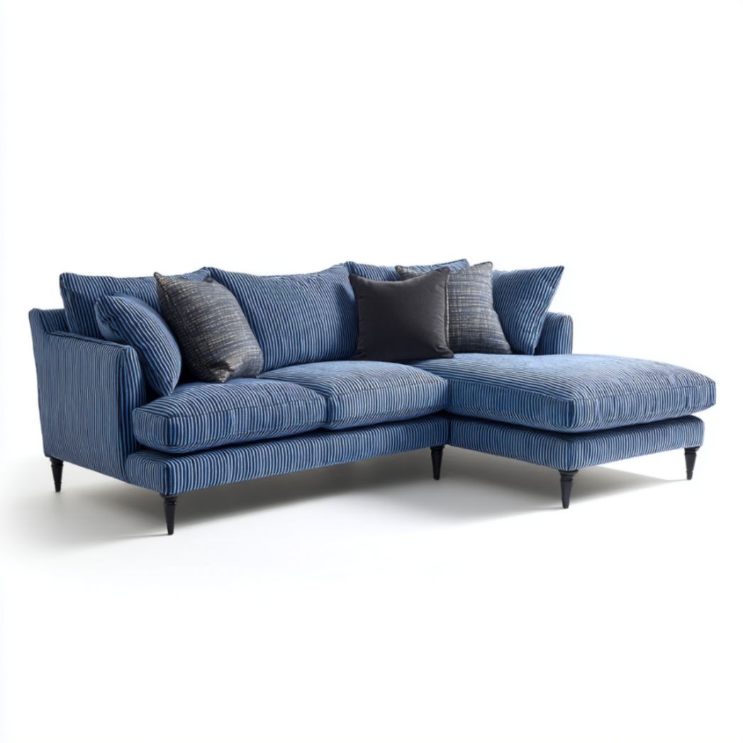 Canapé d'angle gauche en velours côtelé bleu roi, structure en pin massif, pieds noirs-Lectus Furniture