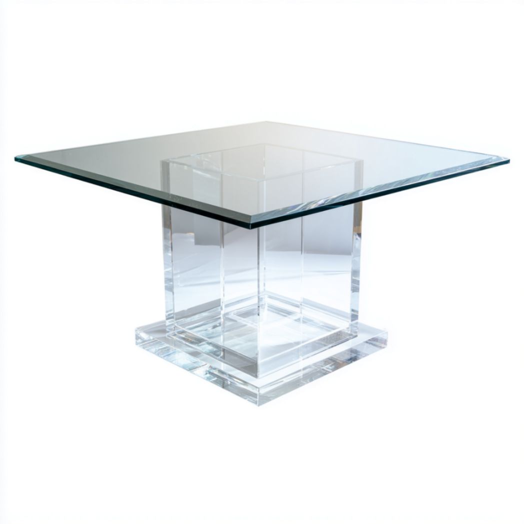 Table à manger carrée avec plateau en verre trempé et piètement en acrylique transparent-Lectus Furniture