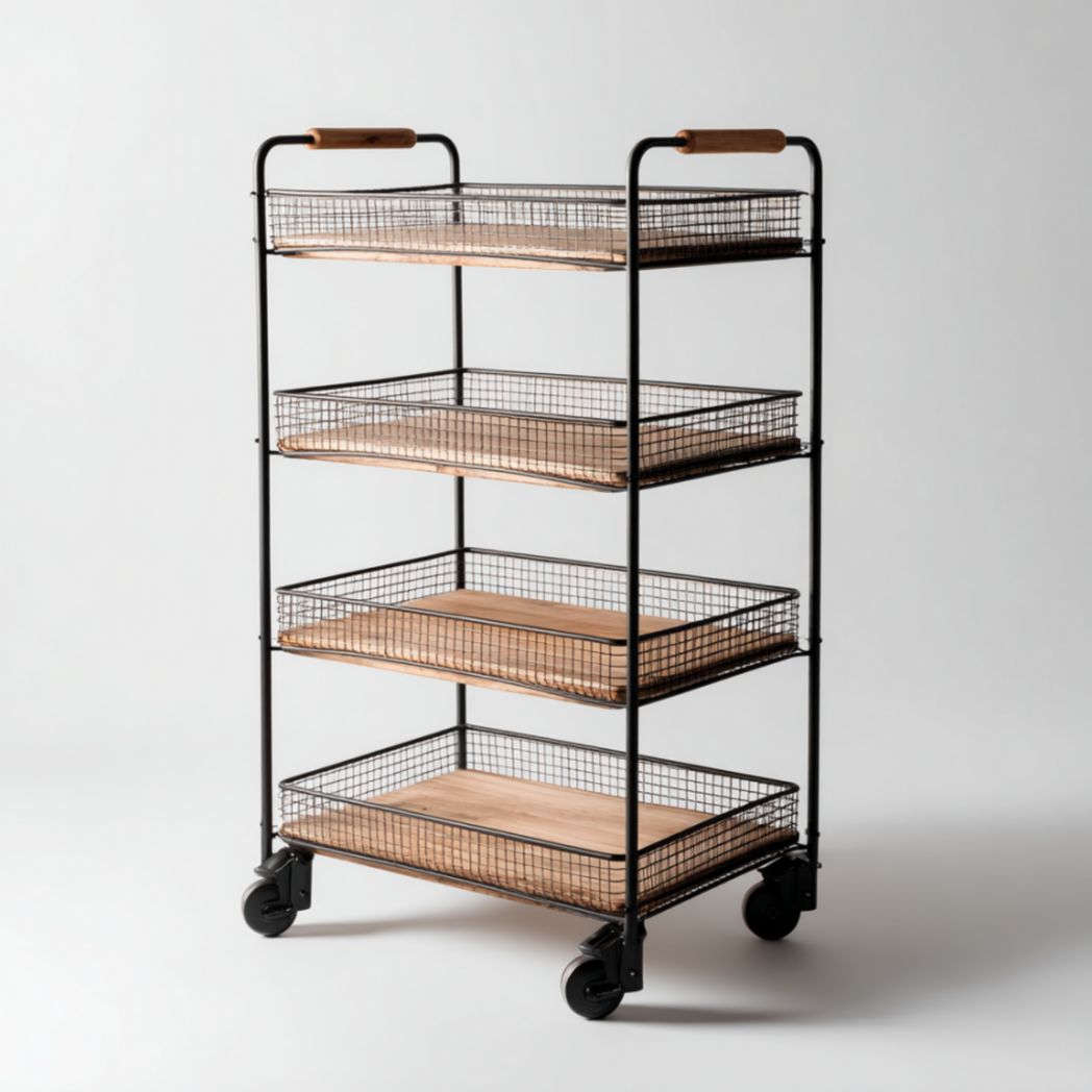 Chariot de rangement à 4 niveaux sur roulettes en bois de bambou avec structure et paniers en acier-Lectus Furniture