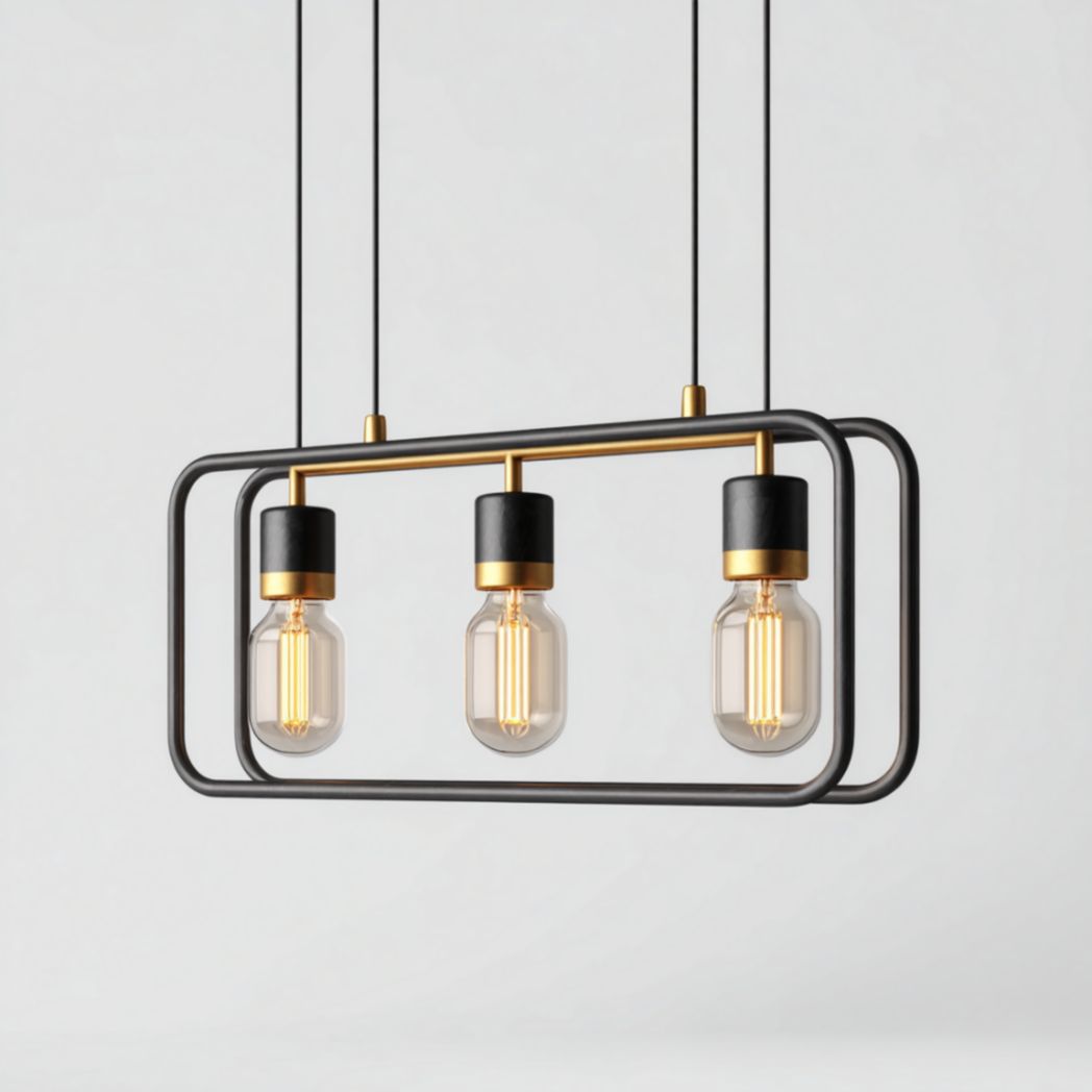 Suspension rectangulaire à trois points lumineux en acier peint et laiton-Lectus Furniture