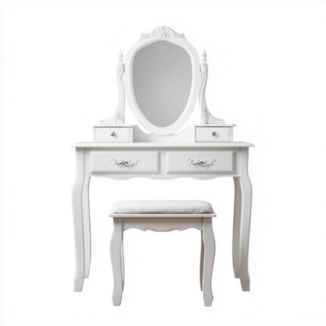 Table de toilette en pin massif blanc avec miroir et tabouret-2177 Furniture