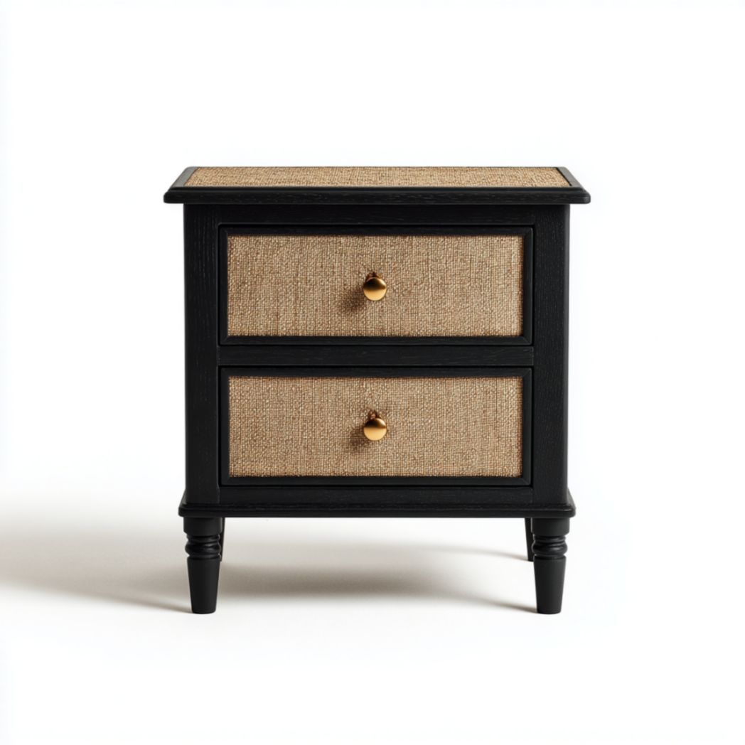 Table de chevet avec 2 tiroirs et panneaux textiles, noir-2177 Furniture