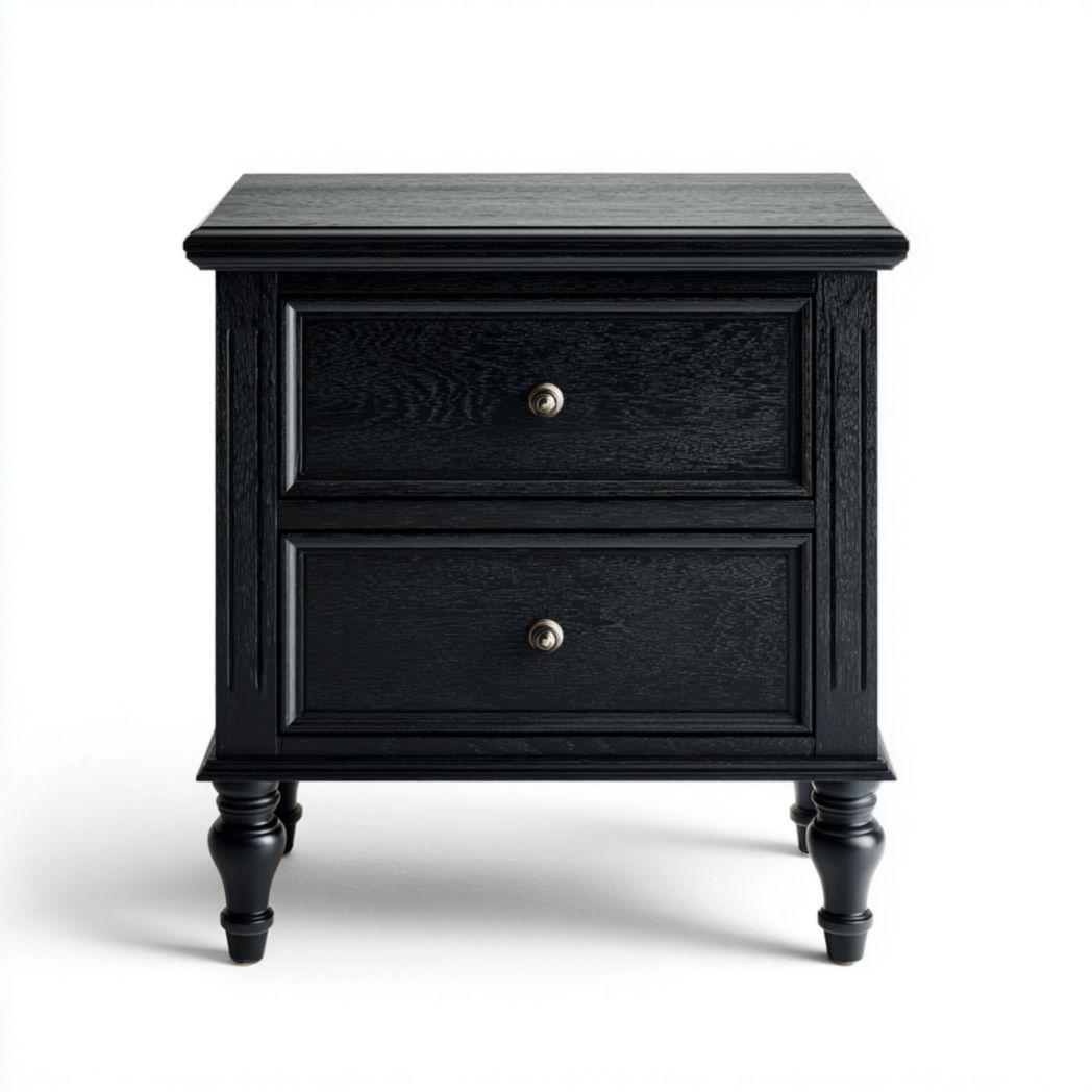 Table de chevet noire à deux tiroirs avec pieds tournés-2177 Furniture