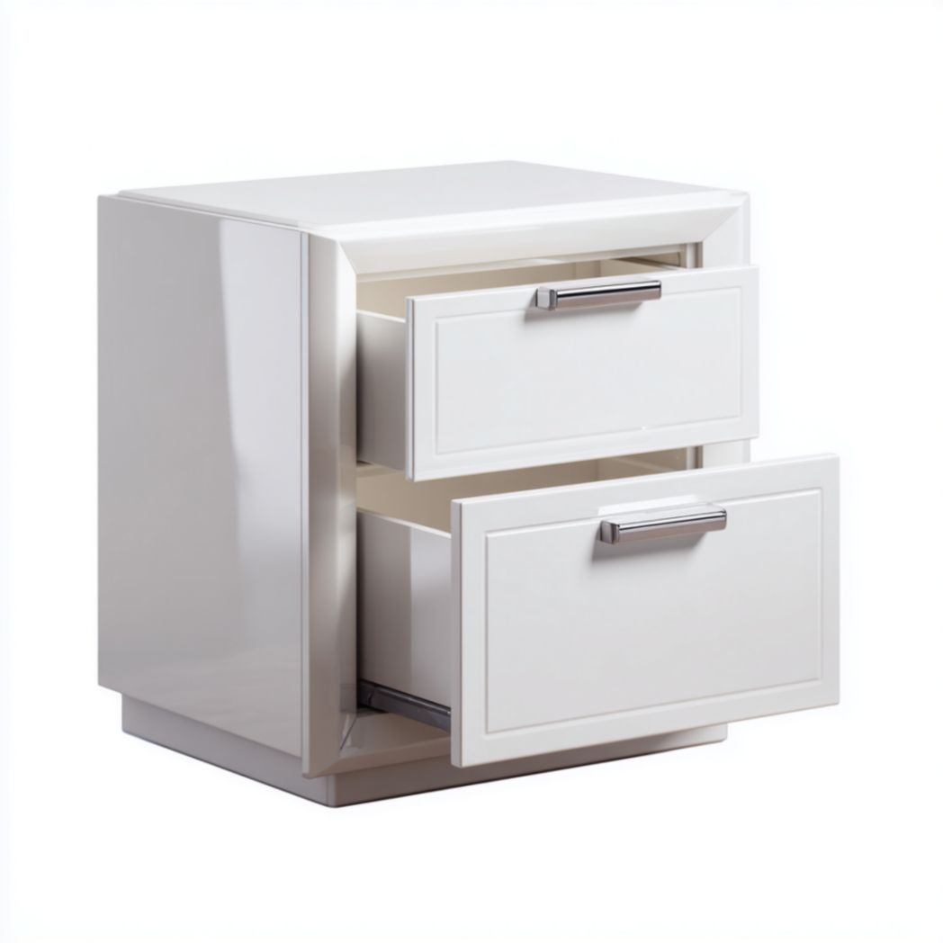 Table de chevet blanche laquée, deux tiroirs avec poignées métalliques-2177 Furniture