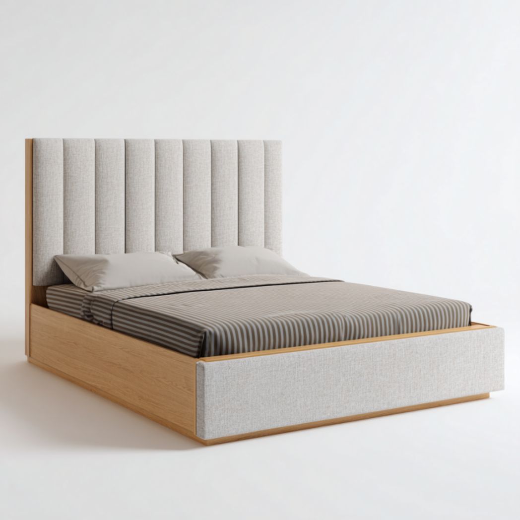 Lit double rembourré à panneaux en chêne et polyester-2177 Furniture