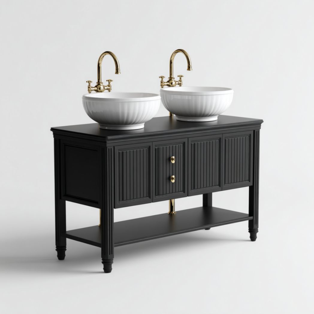 Meuble de salle de bain double vasque sur pied en bois massif peint noir avec vasques à poser en céramique-2177 Furniture