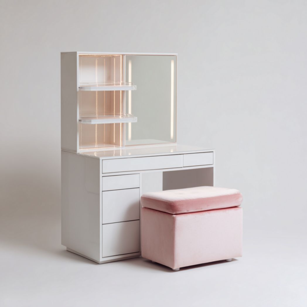 Coiffeuse blanche et tabouret, structure composite et acier-Abden Furniture