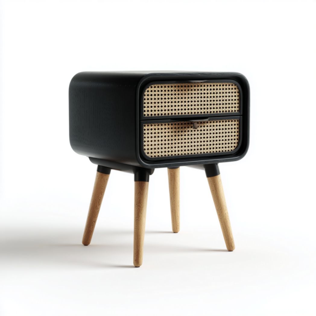 Table de chevet avec tiroir et panneau tressé, noir et bois-Abden Furniture