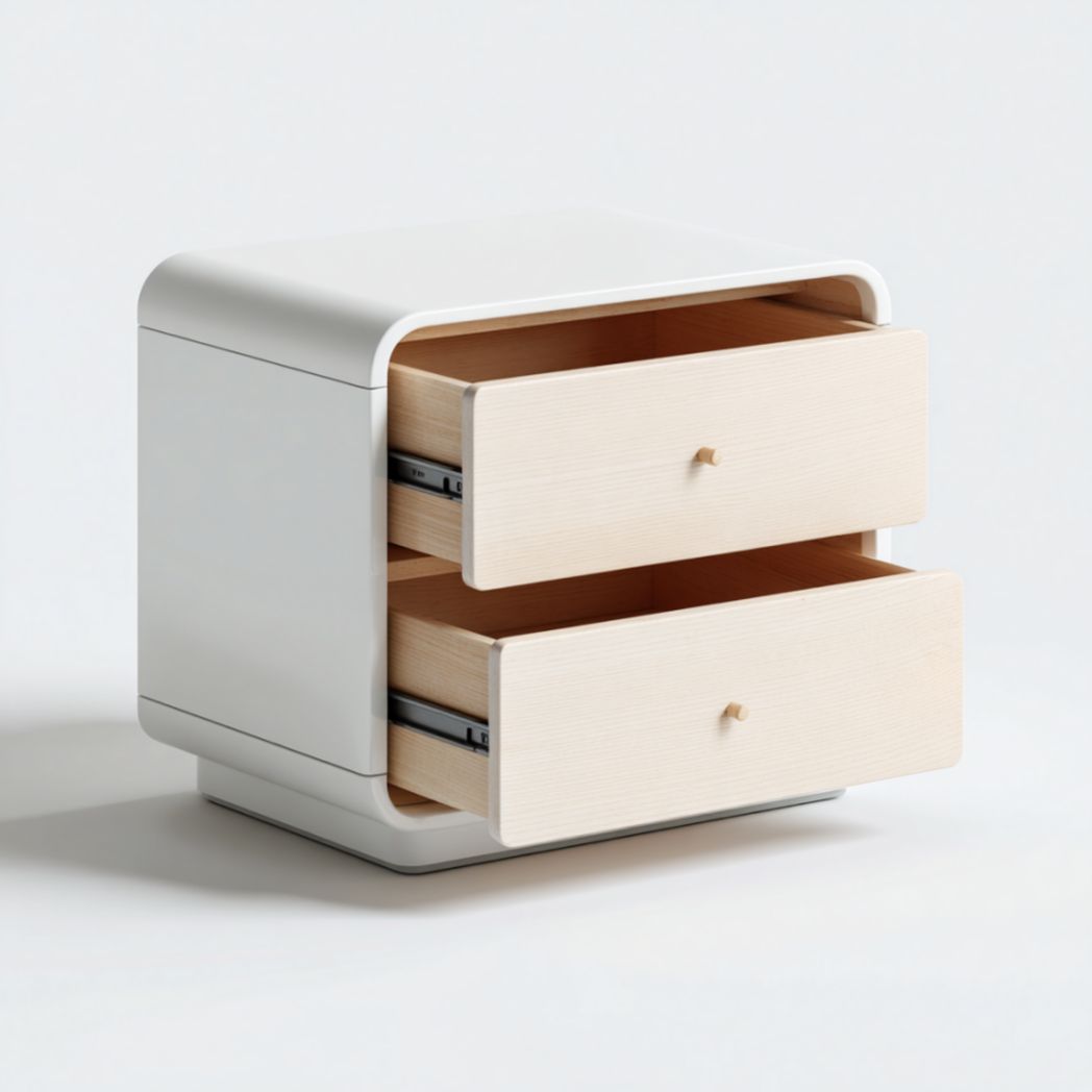 Table de chevet à deux tiroirs avec structure arrondie, coloris blanc-Abden Furniture