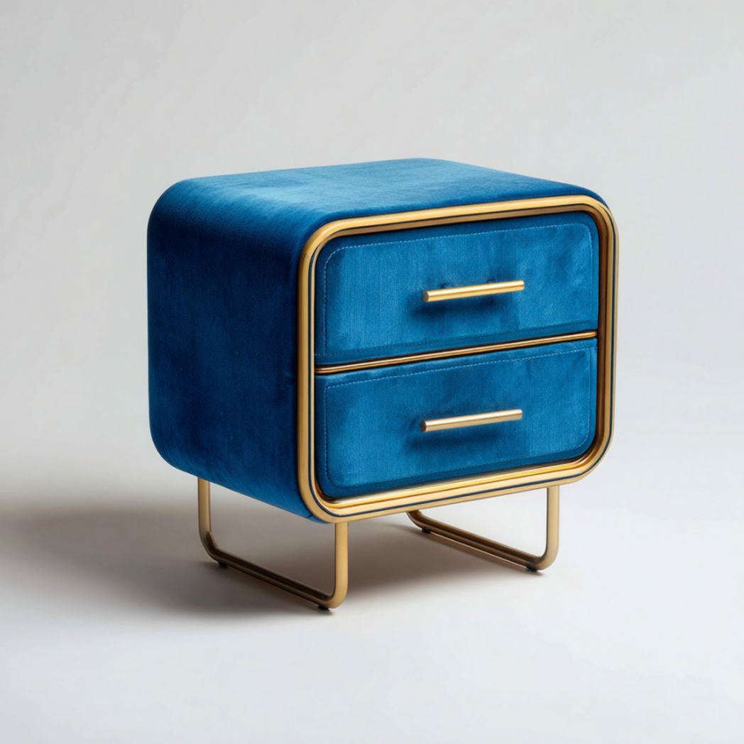 Table de chevet à deux tiroirs avec revêtement textile et piètement en acier-Abden Furniture