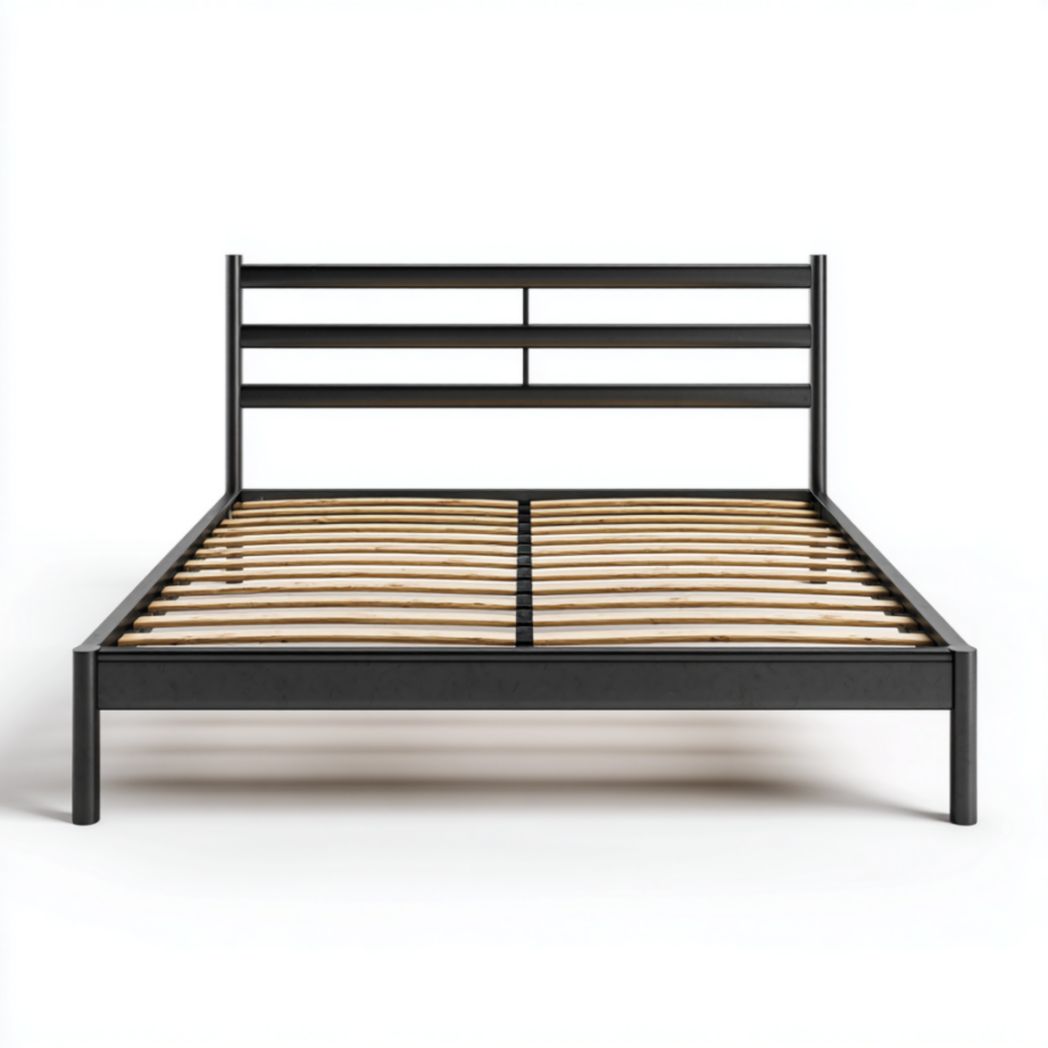 Cadre de lit noir lattes bois apparentes-Abden Furniture