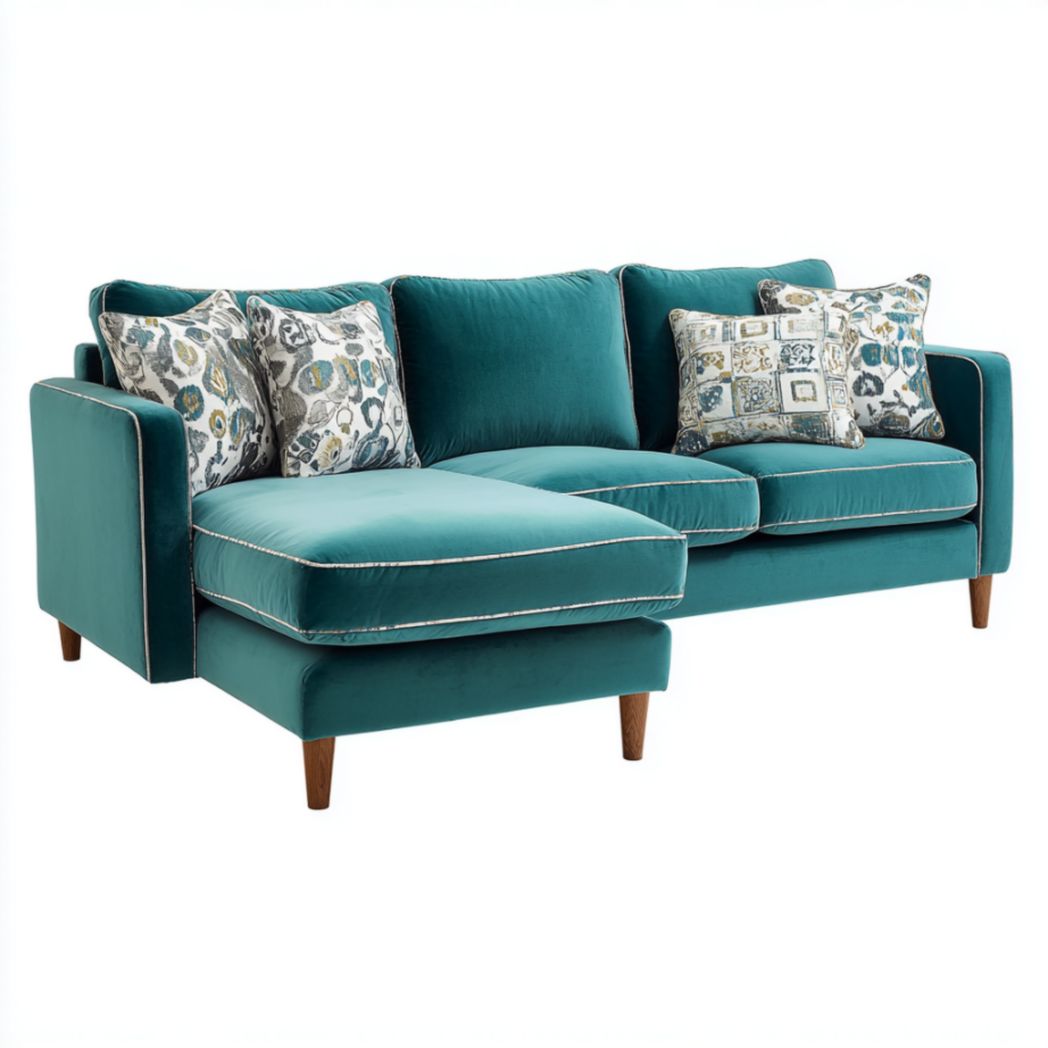 Canapé d'angle gauche en polyester bleu canard, pieds en bois-Abden Furniture