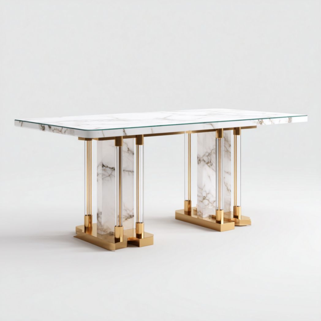 Table rectangulaire avec plateau en verre et structure en pierre et acier-Abden Furniture