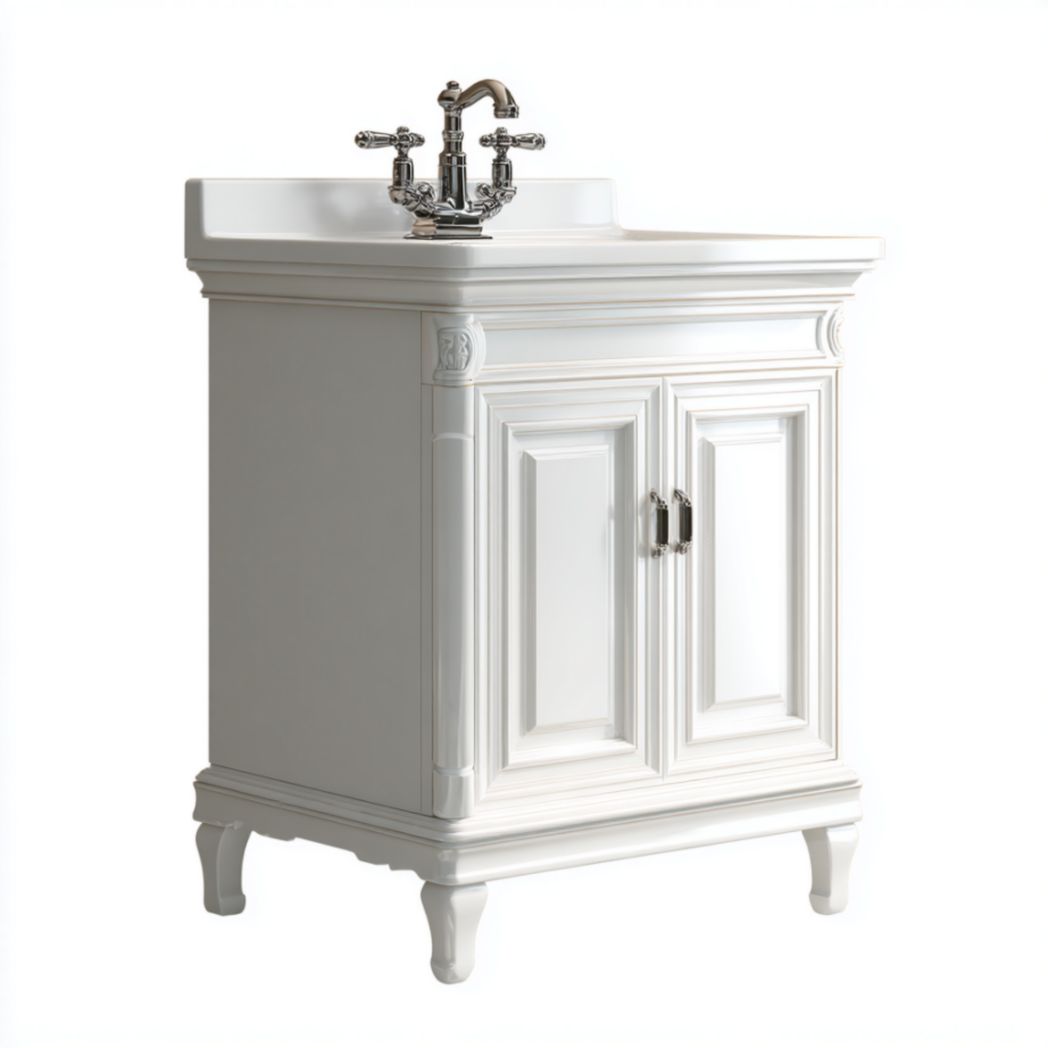 Meuble de salle de bain sur pied avec vasque intégrée en céramique blanche-Abden Furniture