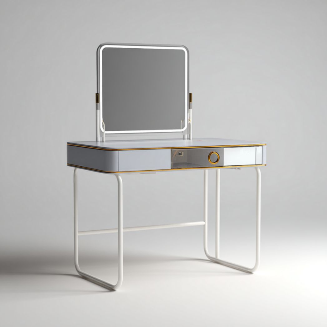 Coiffeuse rectangulaire blanche à deux tiroirs avec miroir sur pieds métalliques-Famoc Furniture