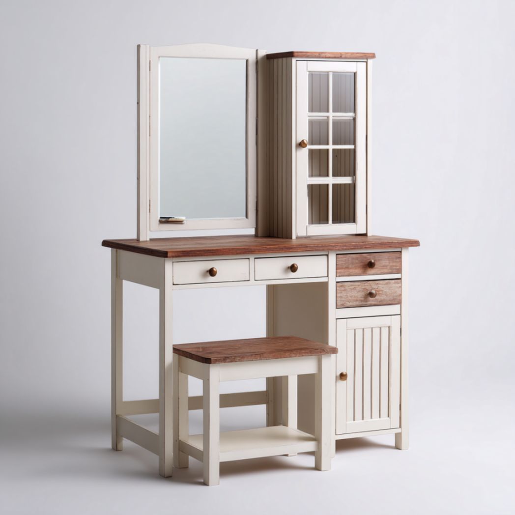 Coiffeuse avec miroir, armoire latérale et tabouret, blanc et marron-Famoc Furniture