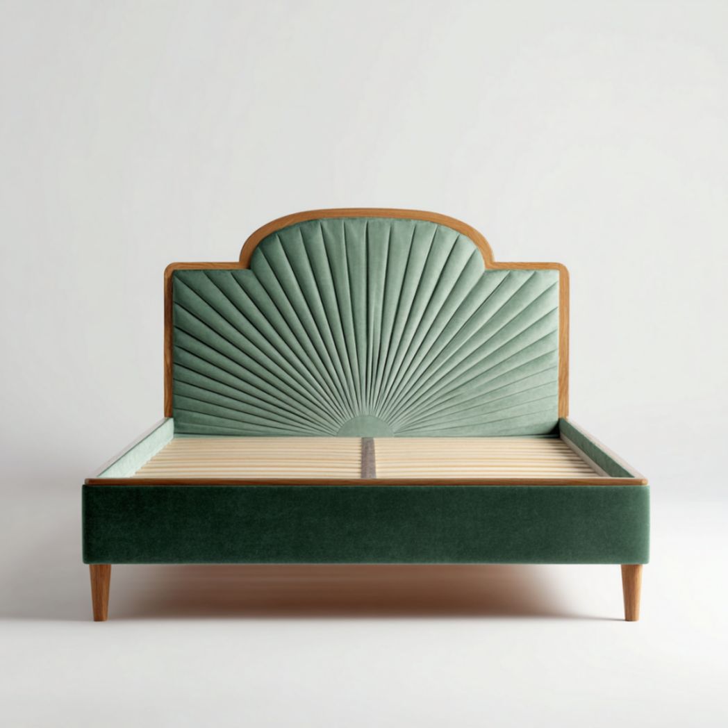 Lit double, tissu polyester vert, tête de lit en forme d'éventail-Famoc Furniture