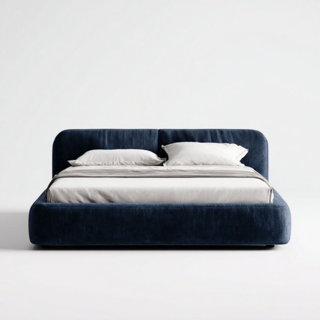 Lit double rembourré en velours côtelé bleu foncé-Famoc Furniture