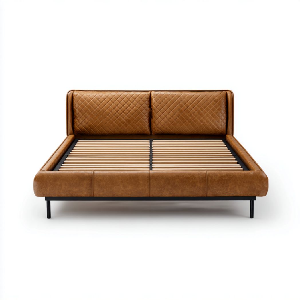 Lit double plateforme matelassé en cuir synthétique marron à lattes de pin-Famoc Furniture