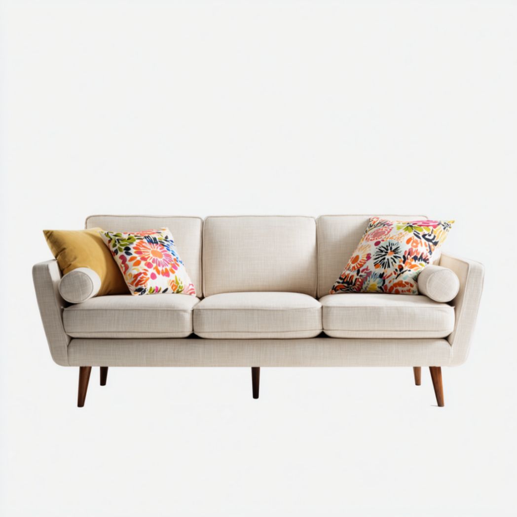 Canapé 3 places tissu texturé beige pieds bois massif-Famoc Furniture