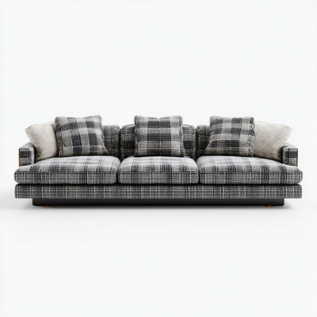 Canapé 3 places tissu quadrillé noir blanc structure bois-Famoc Furniture