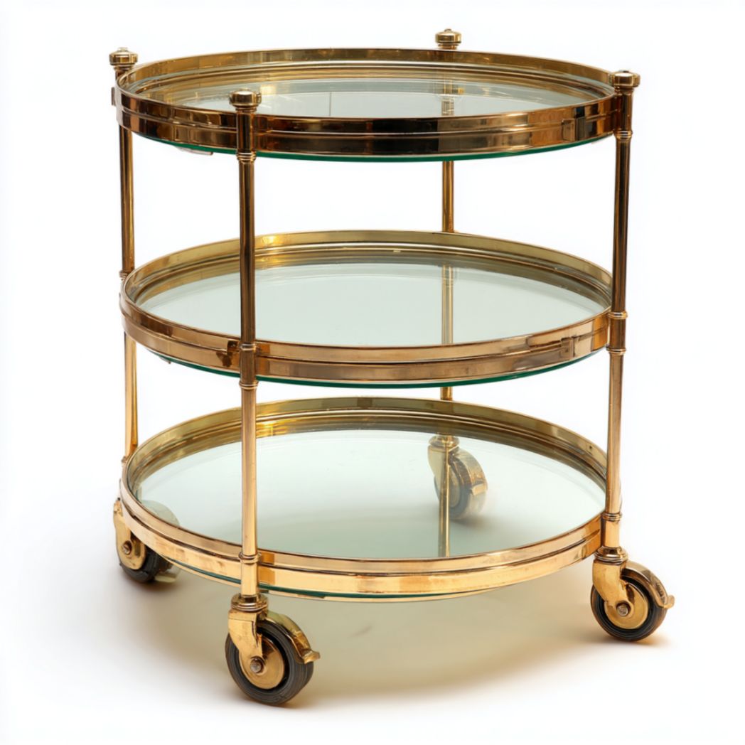 Chariot de service à 3 niveaux sur roulettes en acier finition dorée avec plateaux ronds en verre trempé-Famoc Furniture