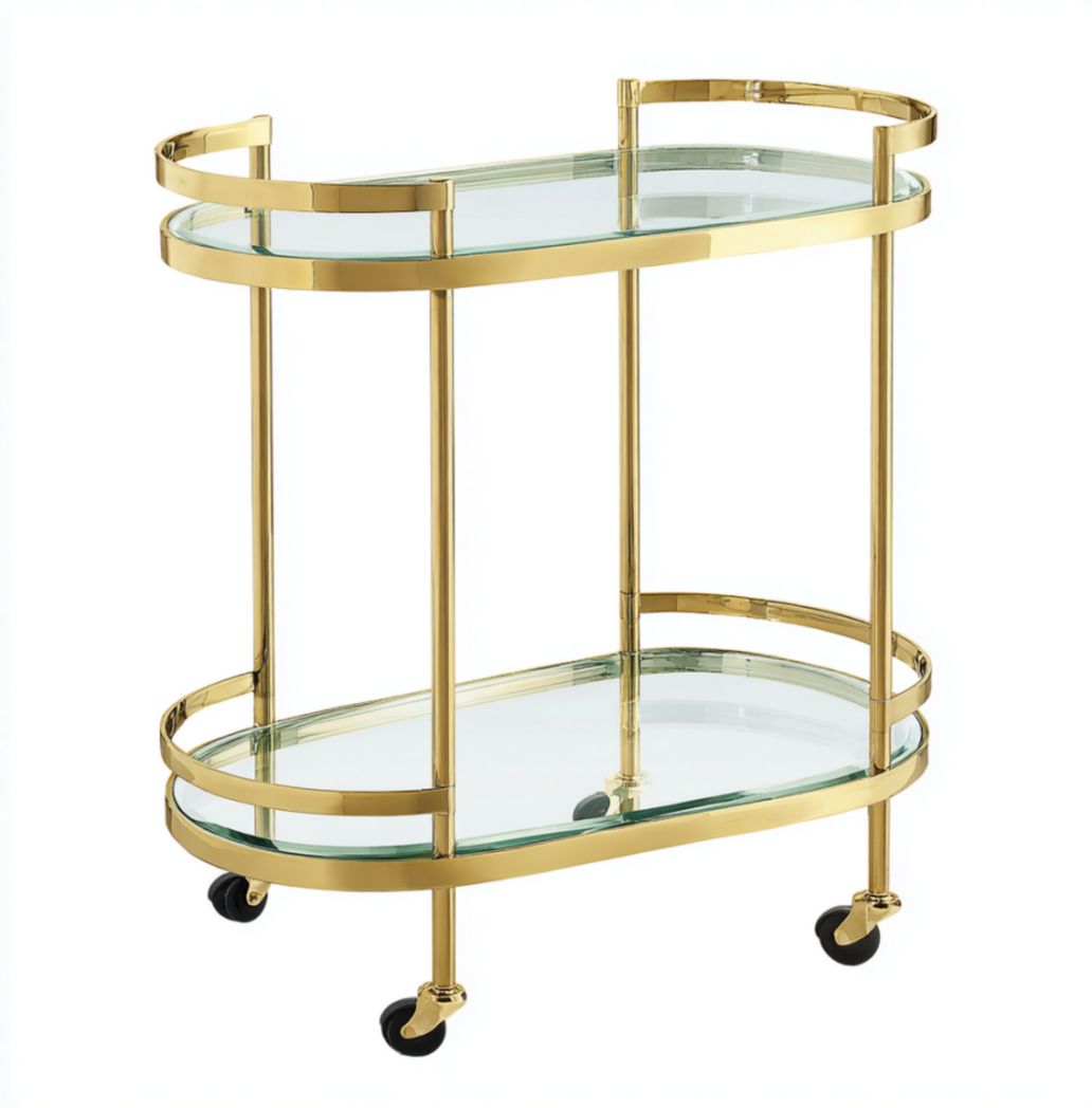 Desserte à deux niveaux en verre trempé et acier finition dorée-Famoc Furniture