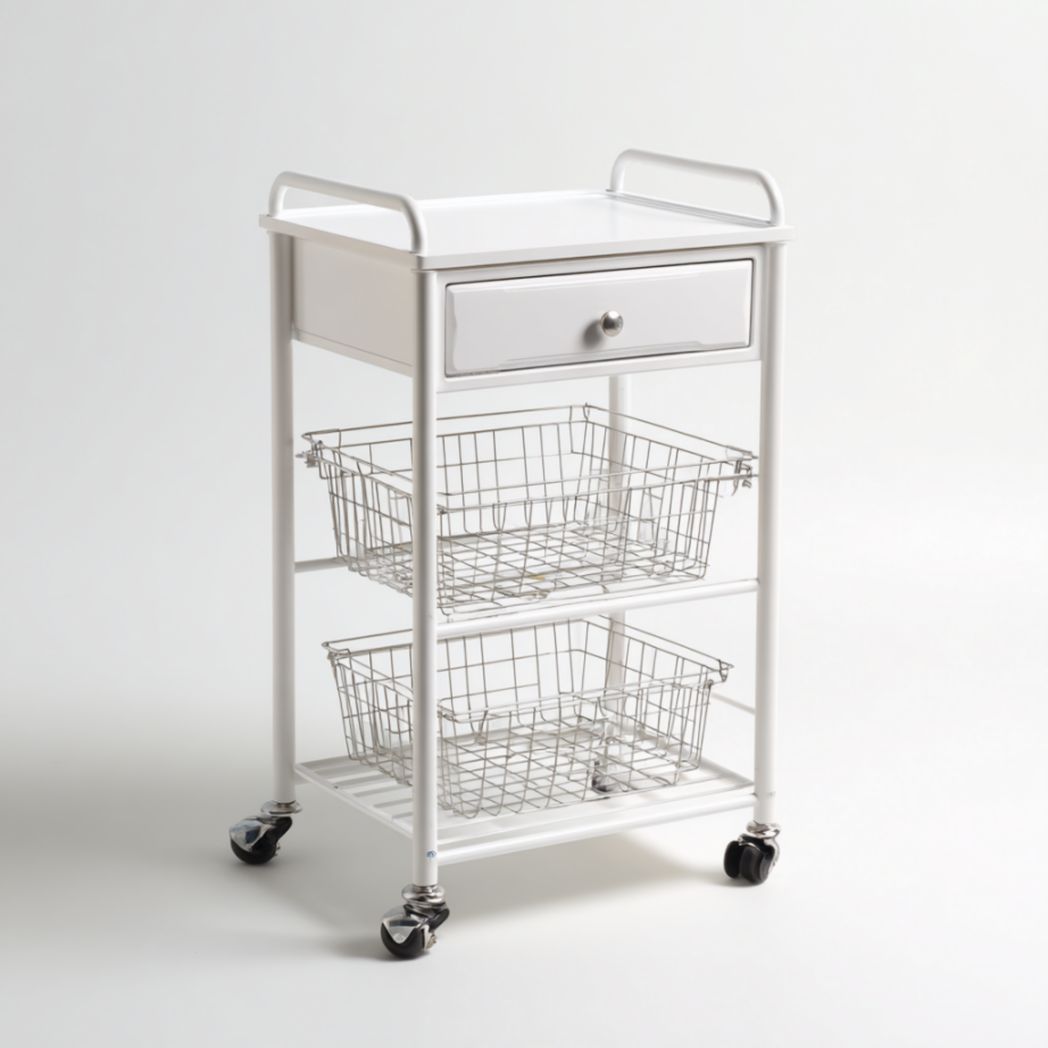 Chariot de rangement à roulettes en acier peint avec tiroir et paniers métalliques-Famoc Furniture