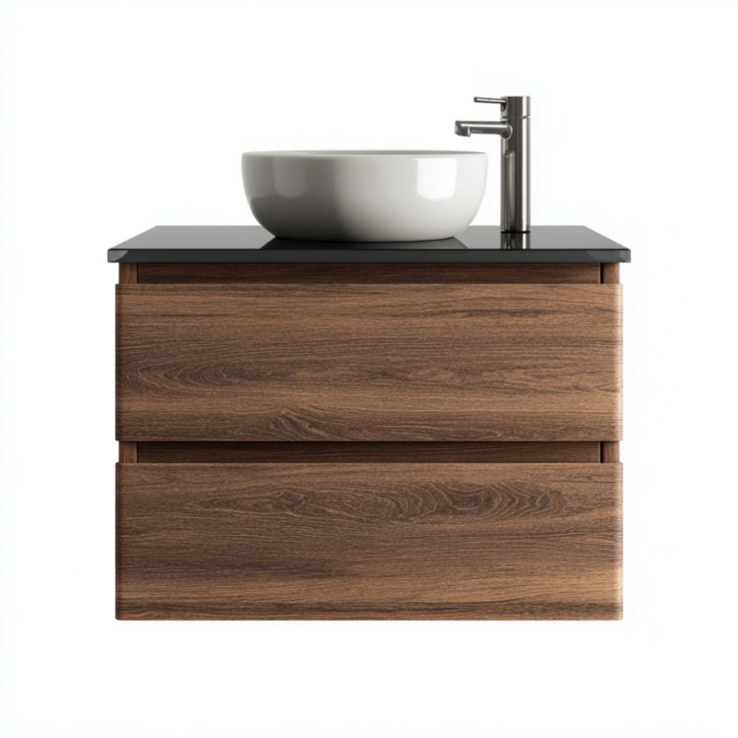Meuble sous vasque suspendu imitation noyer foncé et vasque blanche 60 cm-Famoc Furniture