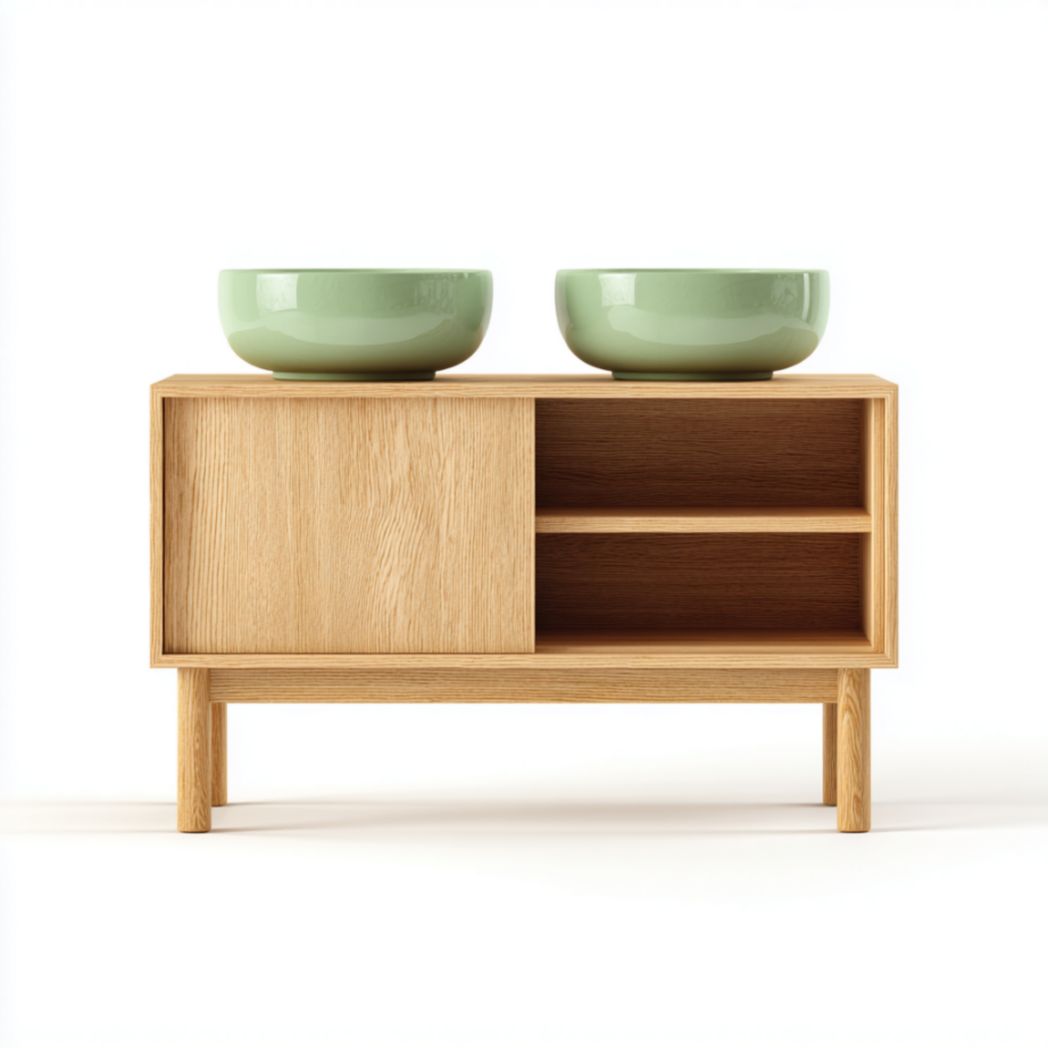 Meuble de salle de bain double vasque en chêne massif avec vasques à poser en céramique-Famoc Furniture