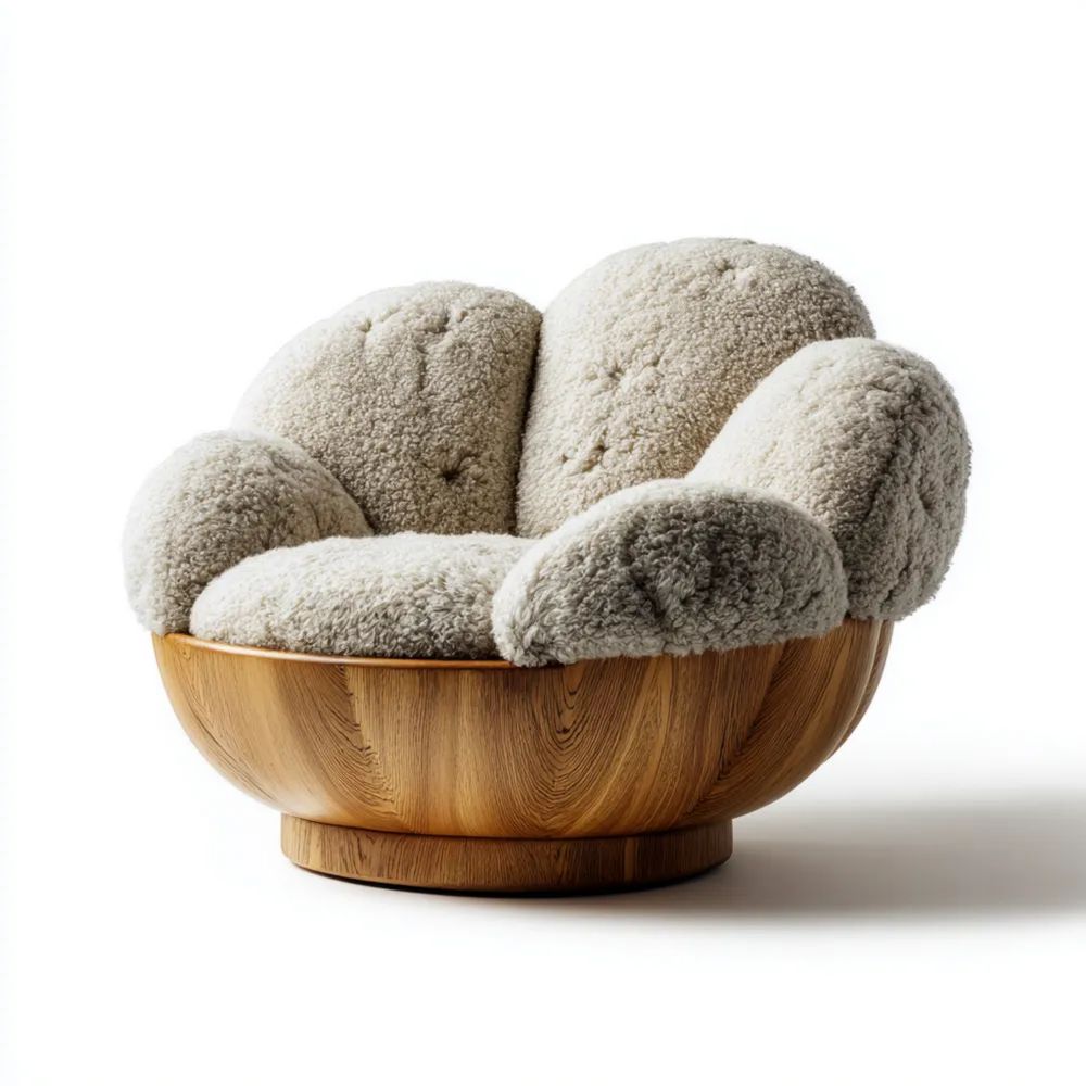 Fauteuil de Détente Bois et Laine de Mouton 75x65x85 cm – Beige – Design Moderne