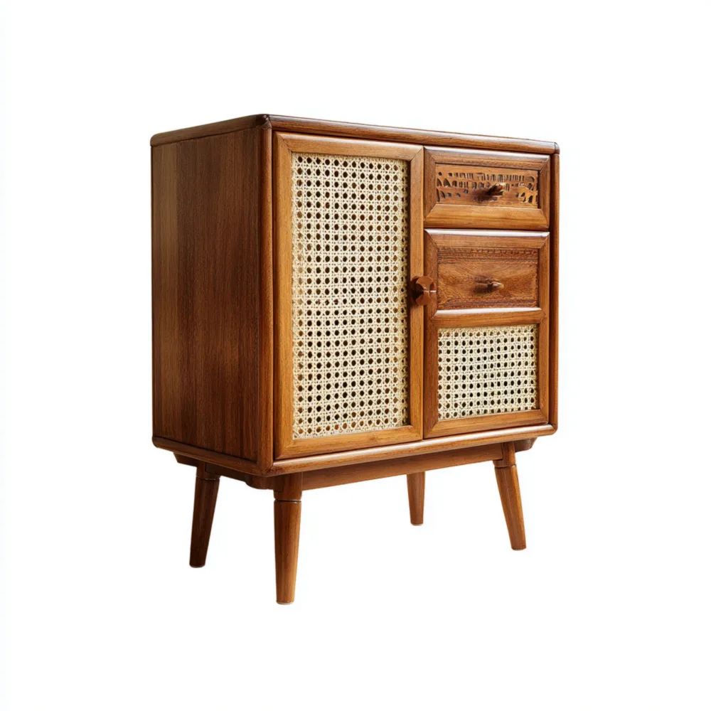 Armoire de rangement en bois et rotin 85x35x90 cm - Design Vintage