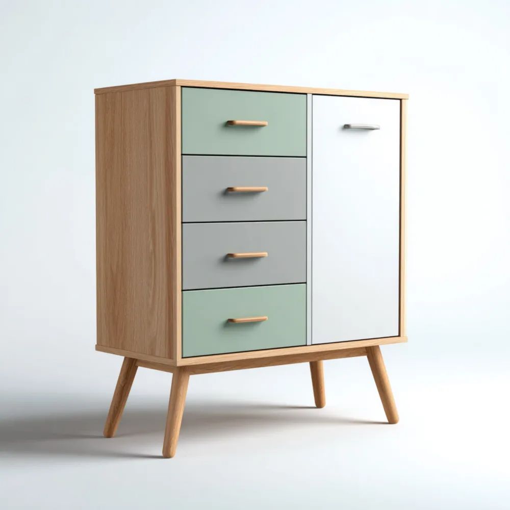 Commode en bois 70x40x90 cm – Vert/Gris/Blanc – Design Scandinave