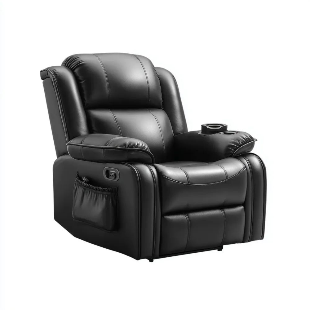 Fauteuil inclinable en cuir synthétique 90x90x100 cm avec porte-gobelet - Noir - Design ergonomique