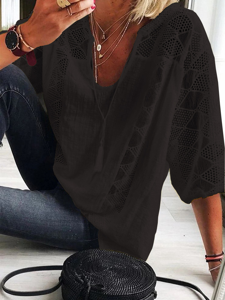 Loose-fit Lace Paneled U-neck Three-quarter Sleeve Top-XC