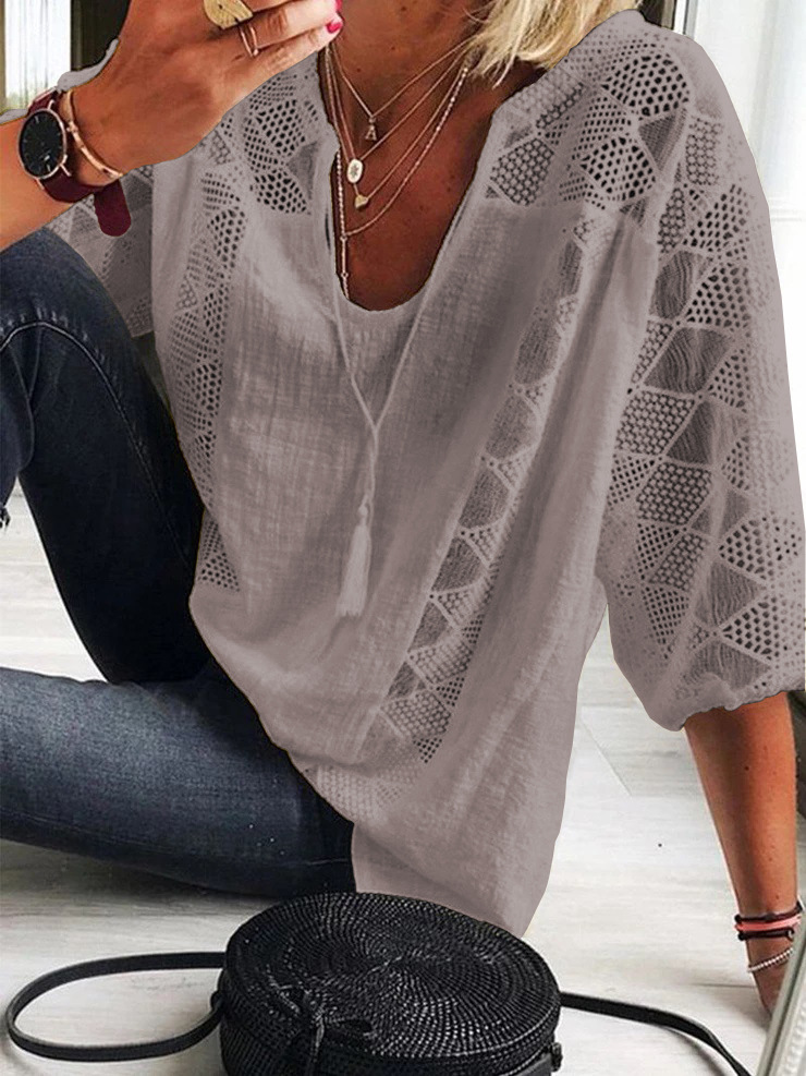 Loose-fit Lace Paneled U-neck Three-quarter Sleeve Top-XC