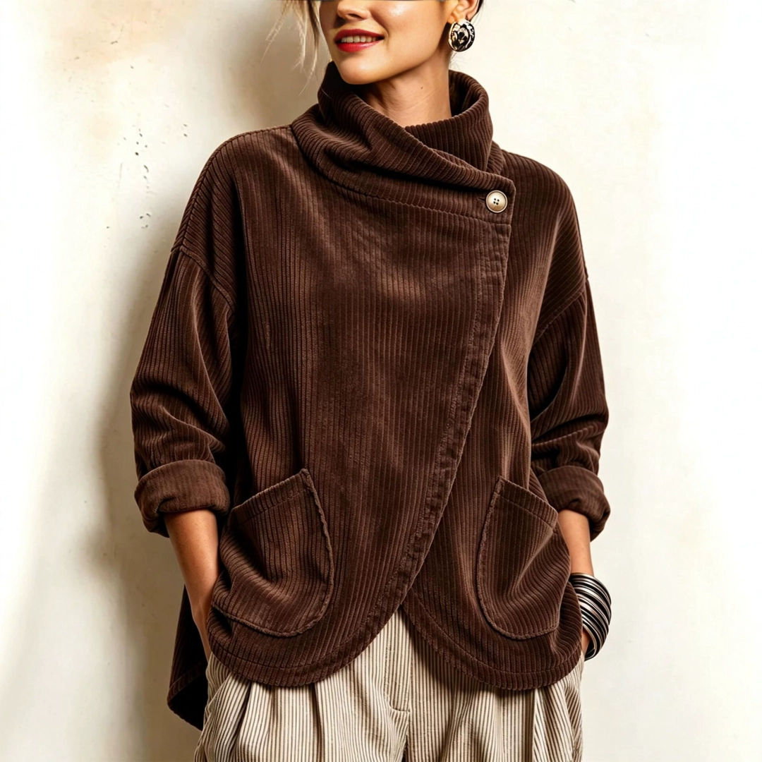 Comfortable asymmetrical buttoned decorative corduroy blouse