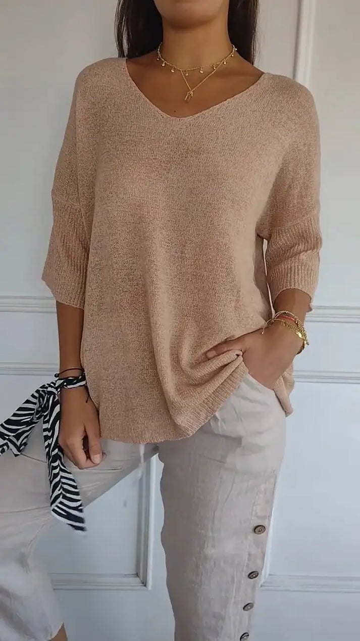 🔥Hot Sale 49% OFF👍🏻💖Solid Color Knitted V-neck Top💖(Buy 2 Free Shipping)