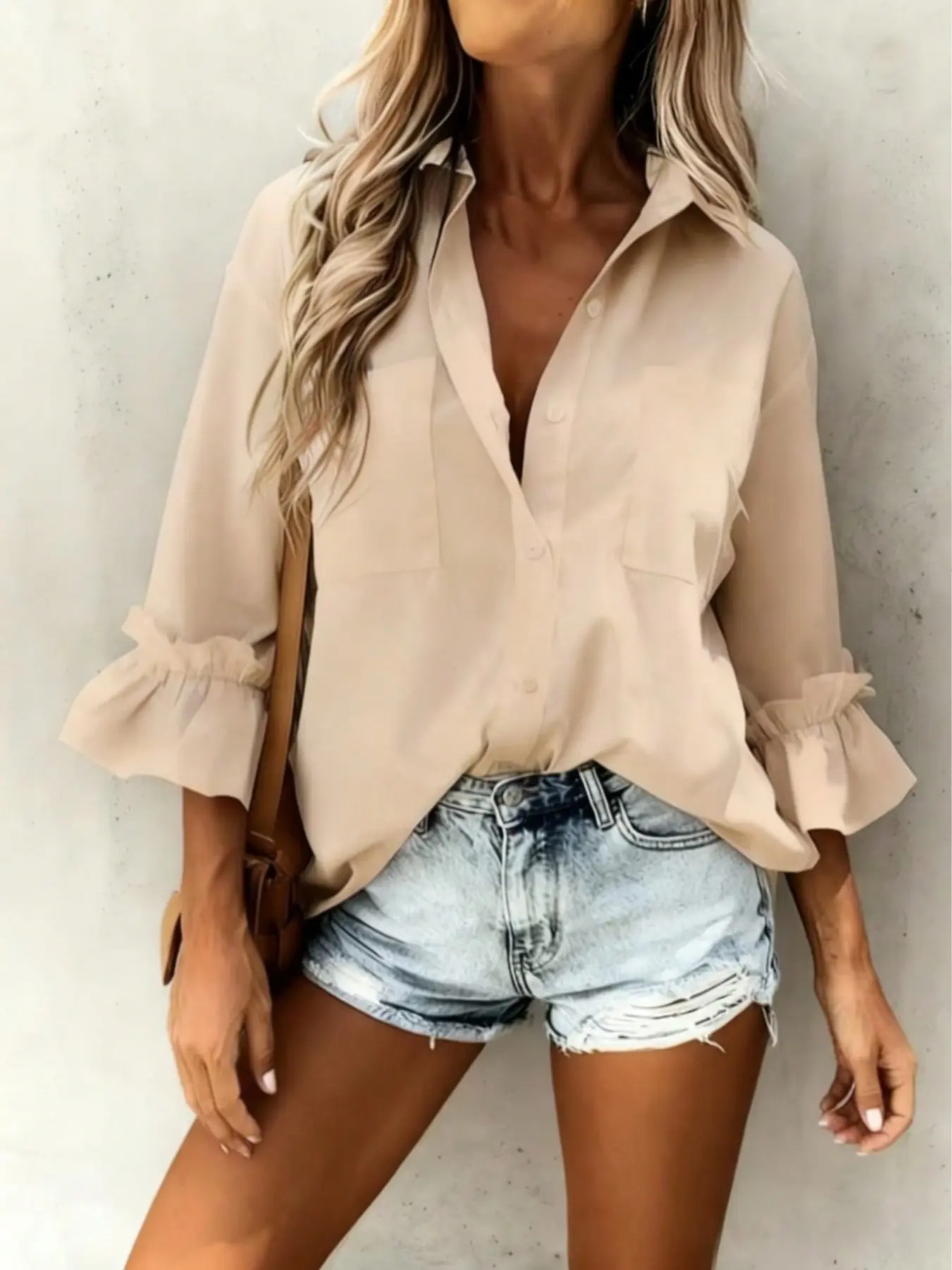Women's Fashion Casual Three-Quarter Sleeve Fitted Blouse Shirts Top with Ruffle Cuffs, Stylish and Simple Design, Perfect for Daily Wear