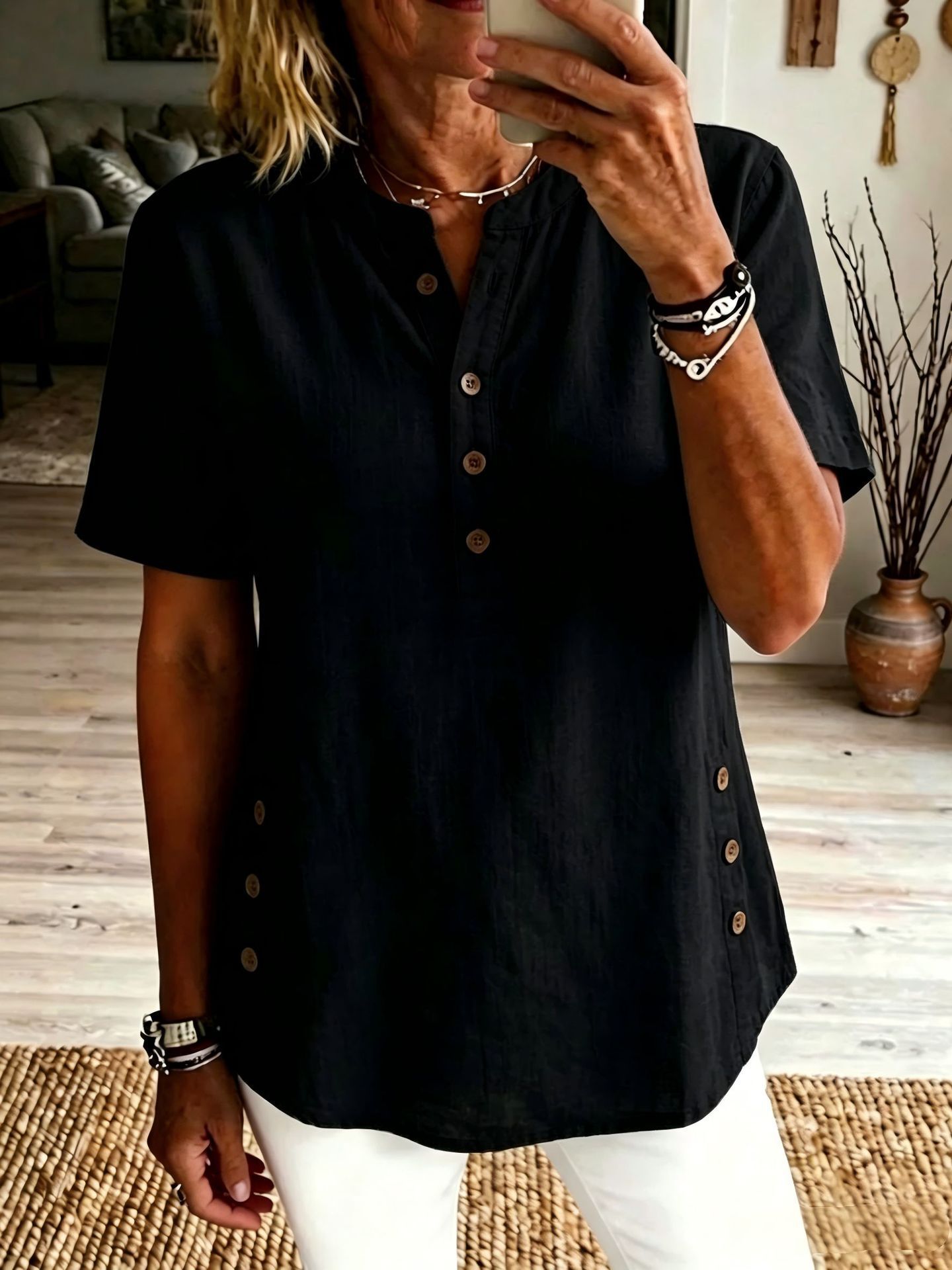 Station Cotton And Linen Casual Button Short-Sleeved T-Shirt Tops For Women