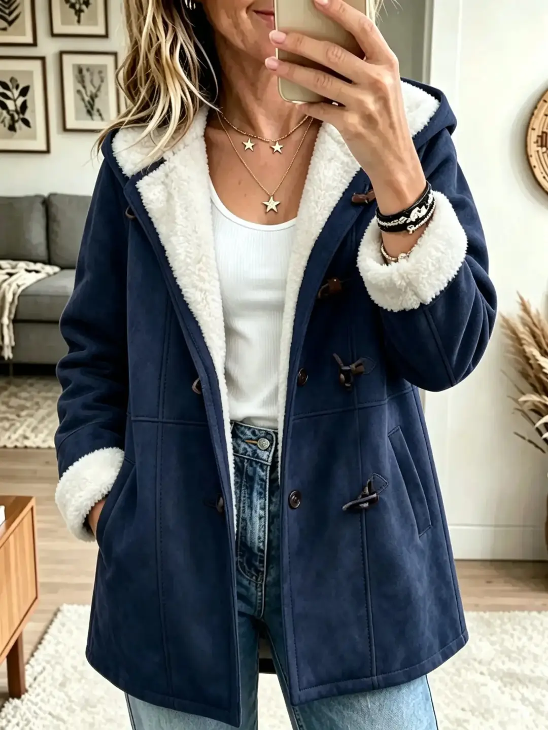 Women's inner coat with faux-leather button closure