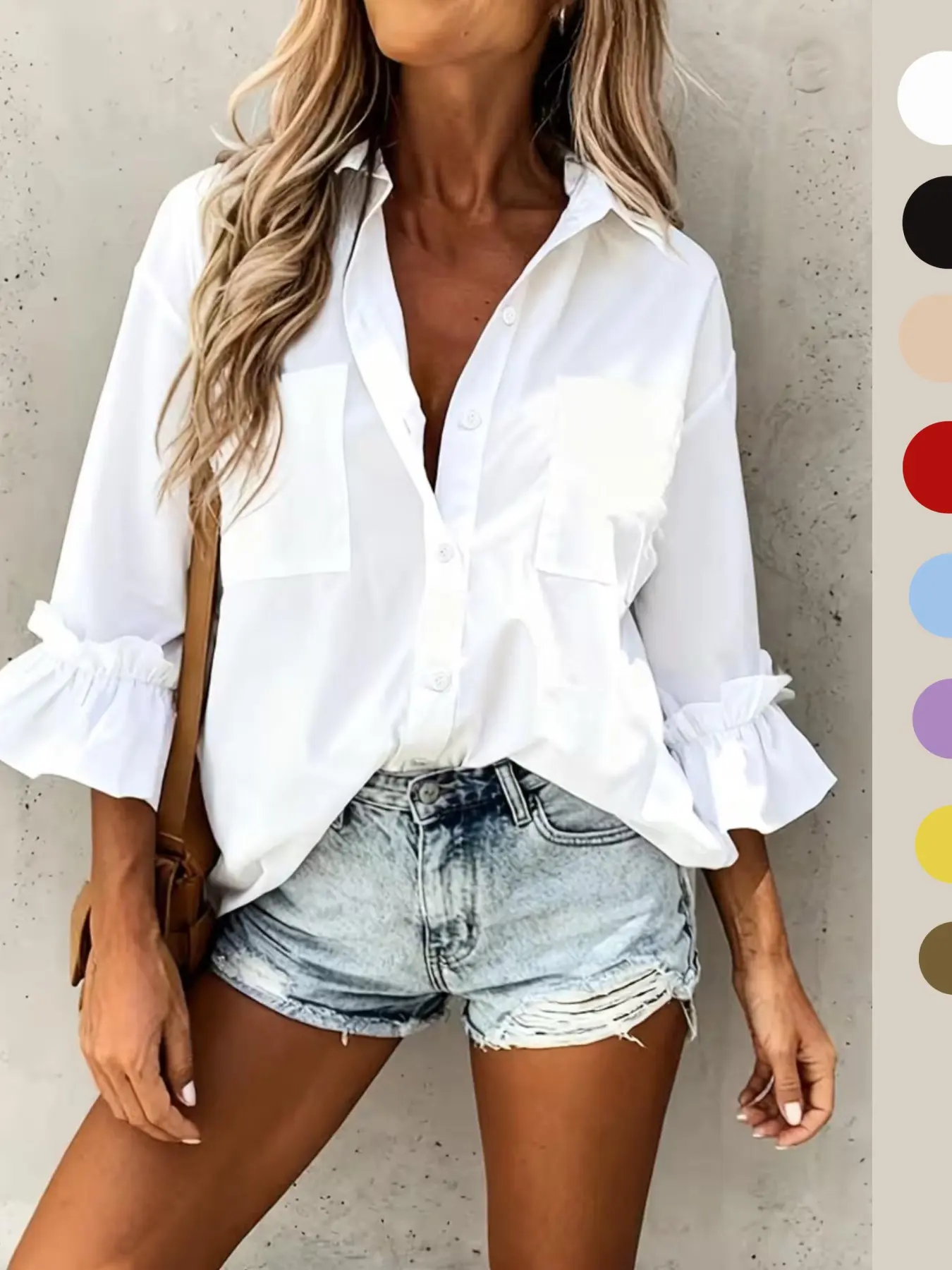 Women's Fashion Casual Three-Quarter Sleeve Fitted Blouse Shirts Top with Ruffle Cuffs, Stylish and Simple Design, Perfect for Daily Wear