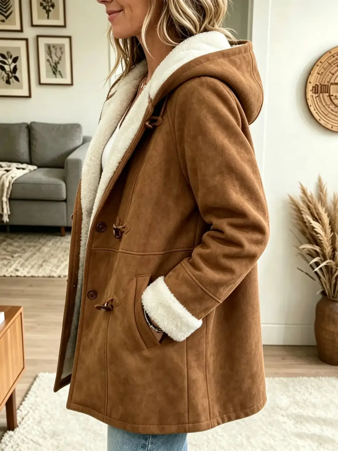 Women's inner coat with faux-leather button closure