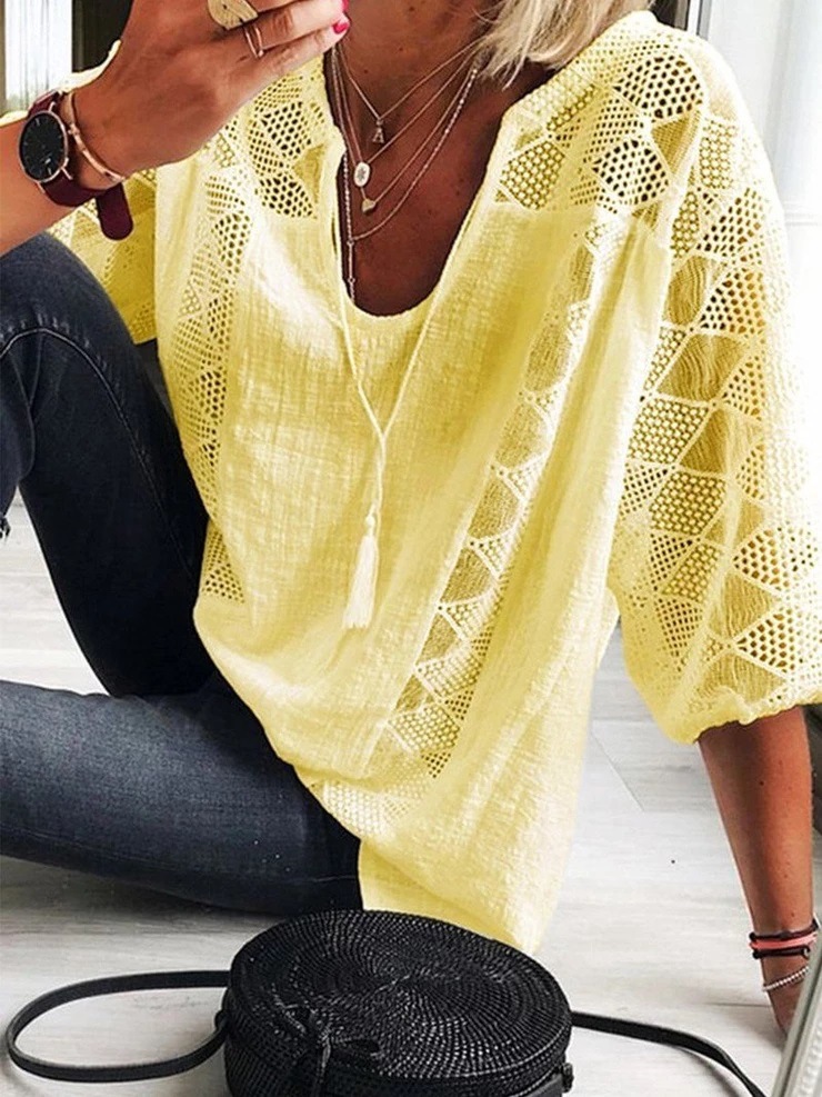 Loose-fit Lace Paneled U-neck Three-quarter Sleeve Top-XC