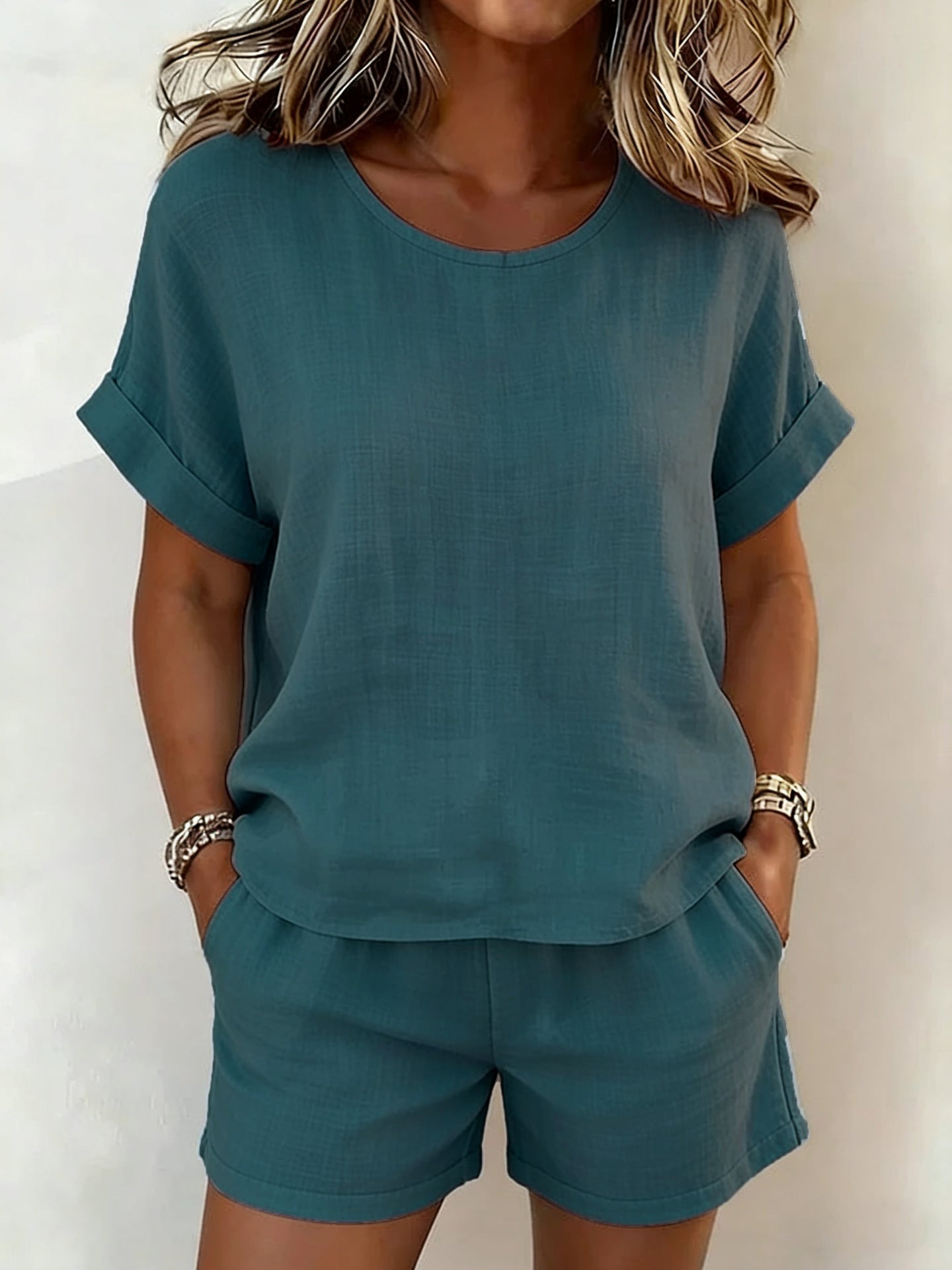 New Summer Arrival: Women's Solid-Color Casual Two-Piece Set — Crew Neck Short-Sleeve Top & Shorts