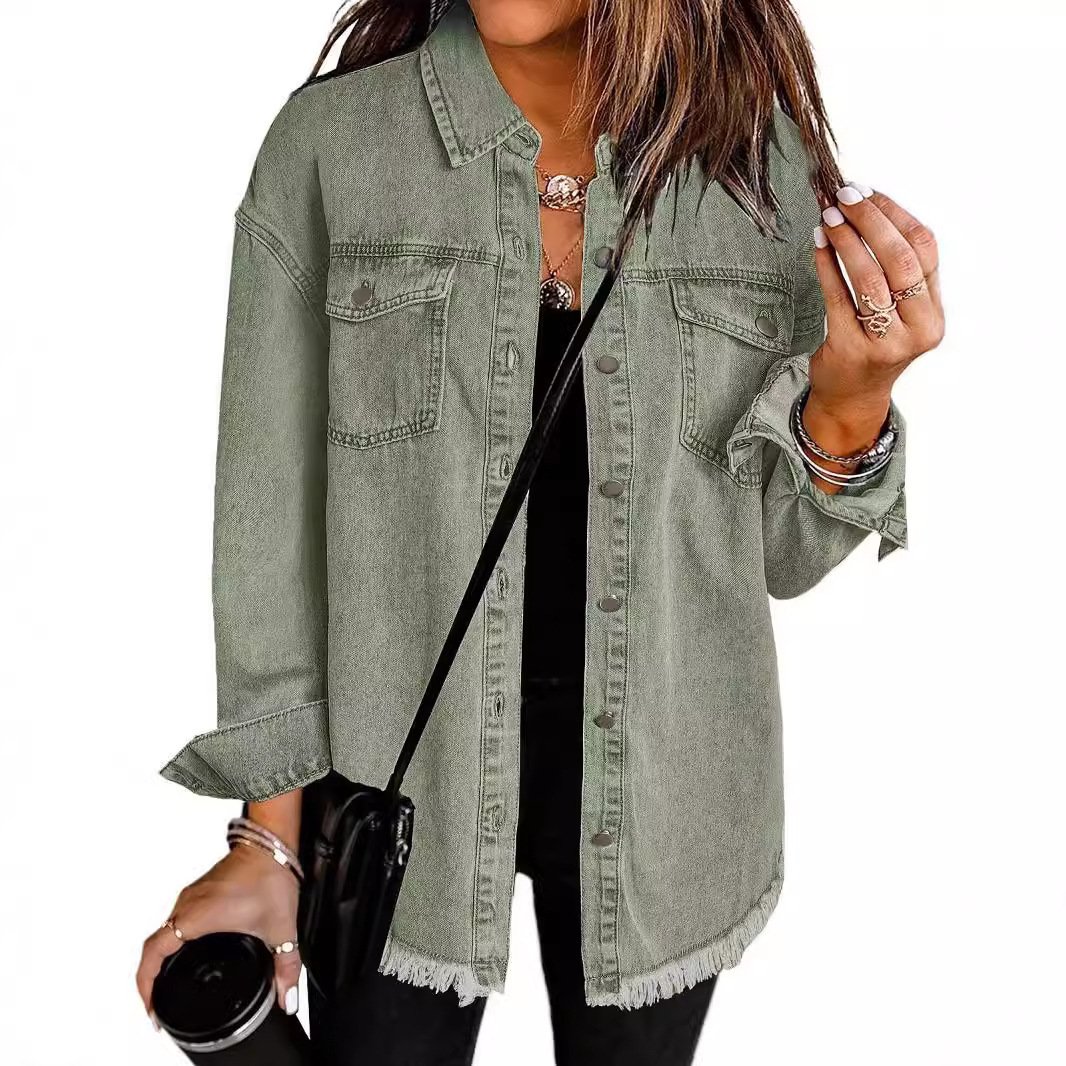 Women's Casual Denim Button Down Distressed Jacket-XC