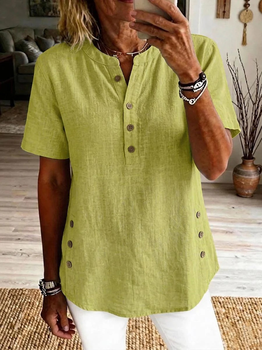 Station Cotton And Linen Casual Button Short-Sleeved T-Shirt Tops For Women